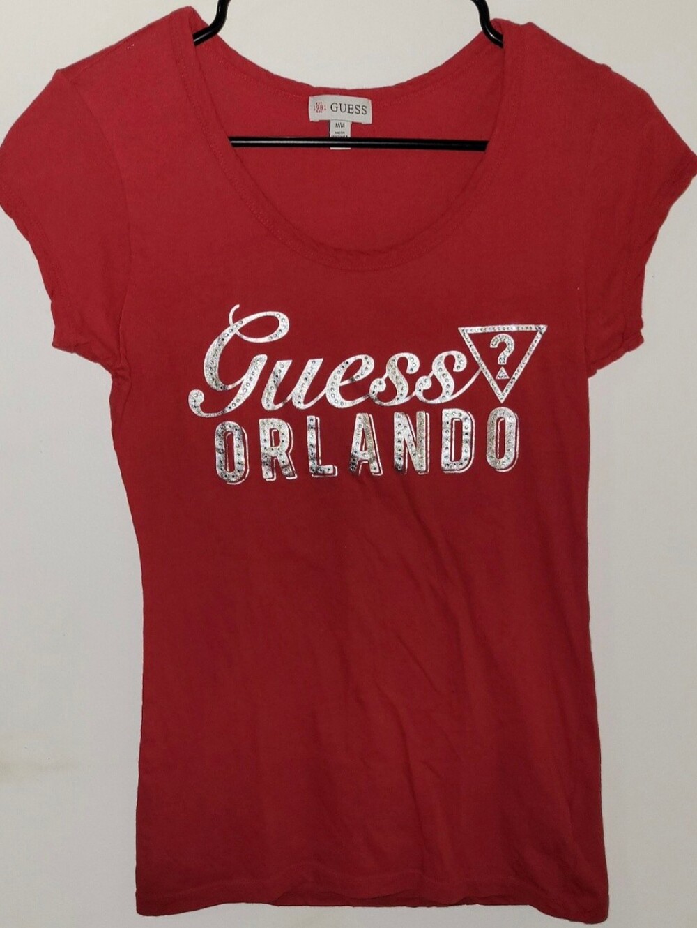 Guess Orlando Womens Red Bling Graphic Rhinestone T-Shirt Size Medium